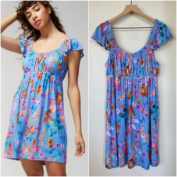Soma Other - SOMA L XL Cool Nights Smocked Neck Chemise • Flutter Sleeve Blooming Tropical